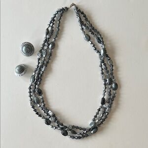 Black and Grey faux hematite plastic three strand necklace with earrings